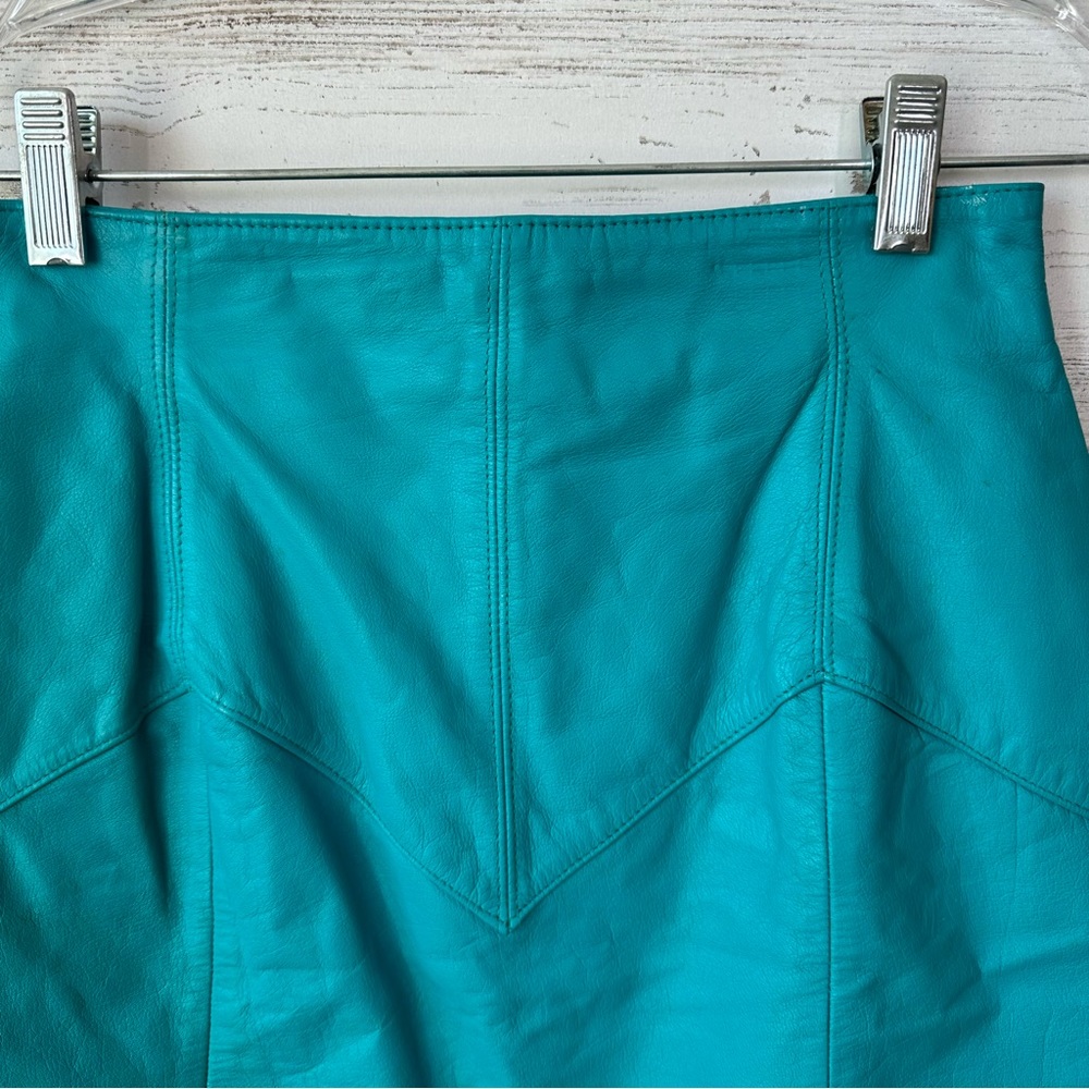 VINTAGE 90s 80s Leather Western Teal Turquoise High Waisted Mini Skirt Sz 8 - Picture 2 of 10